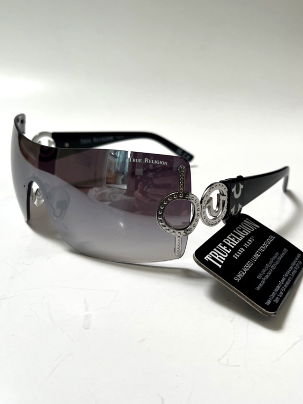 New TRUE RELIGION Wrap Shield Sunglasses Black Acetate Rimless XZX